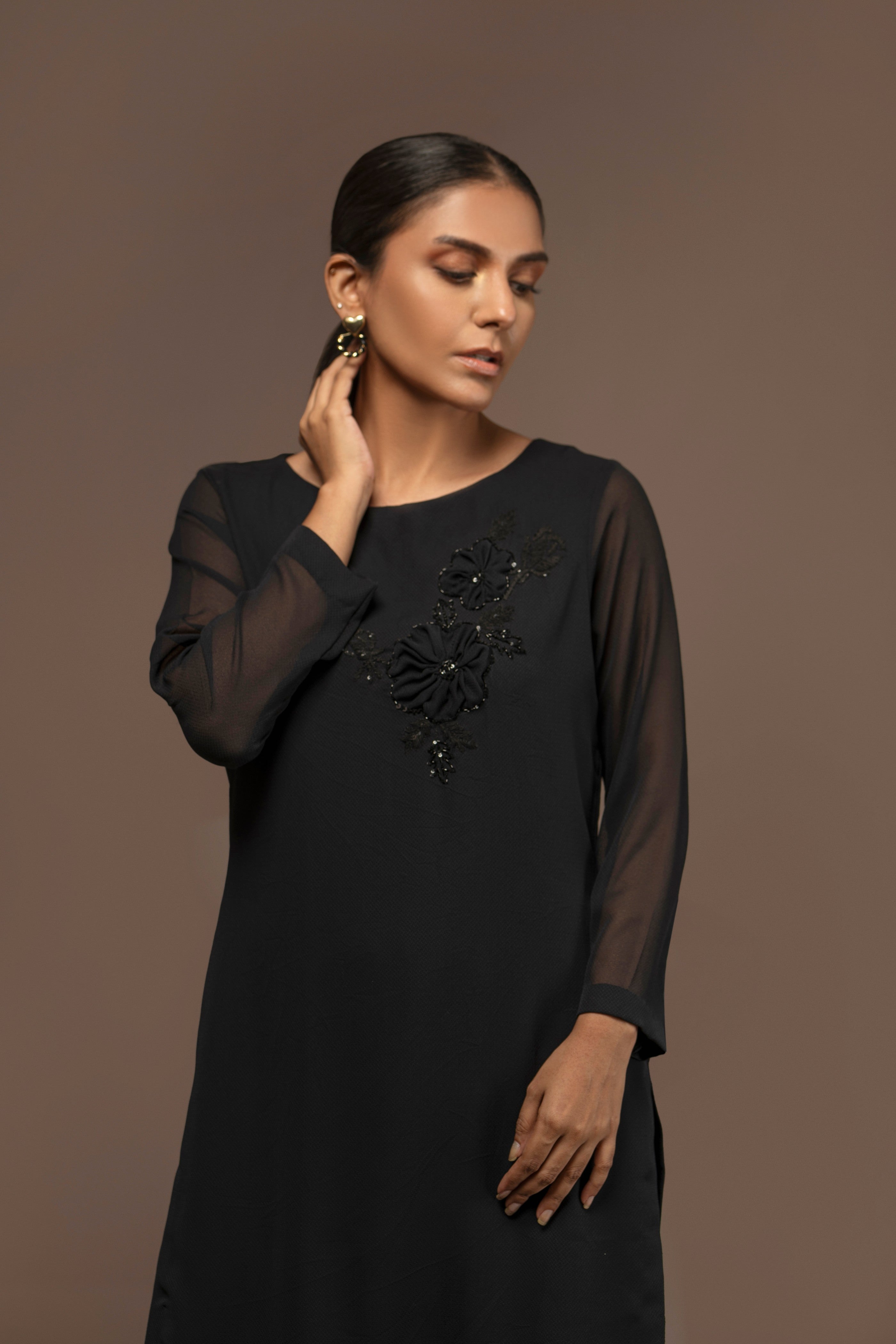 Black Chiffon Dress With Front Hand Embellishment