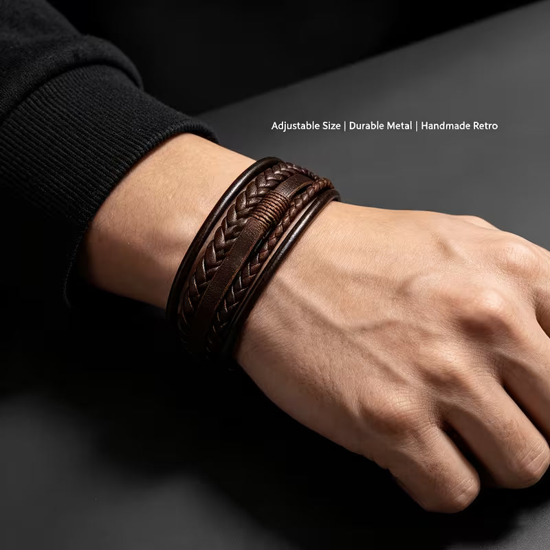 Brown Genuine Leather Multi-Layer Magnetic Bracelet