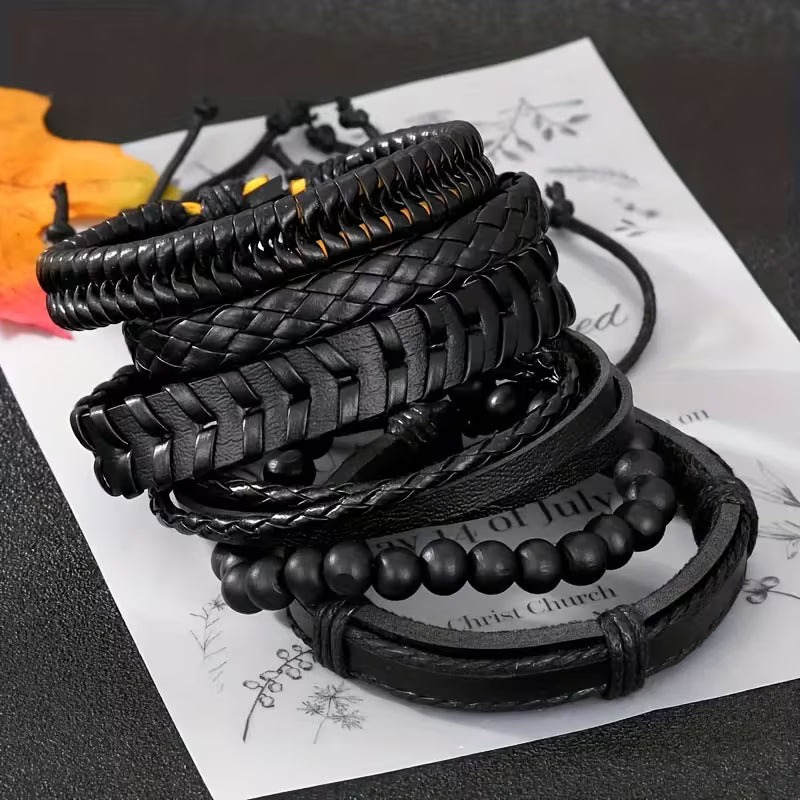 6PCS Vintage Faux Leather Layered Bracelet Set