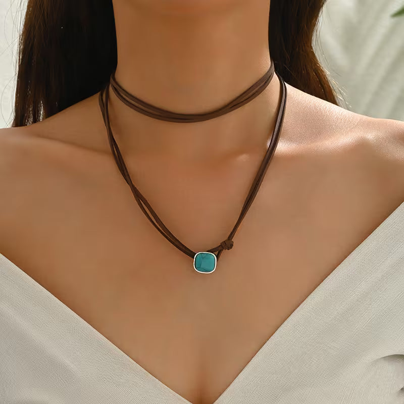 Bohemian Turquoise Leather Choker Necklace