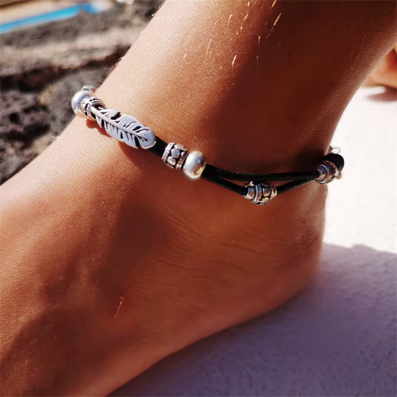 Vintage Double Layer Feather Anklet – Bohemian Adjustable Ankle Chain