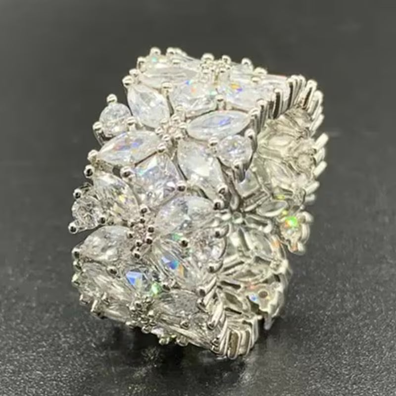 Women's Fashion Wide Ring with Delicate Synthetic Zirconia Flower