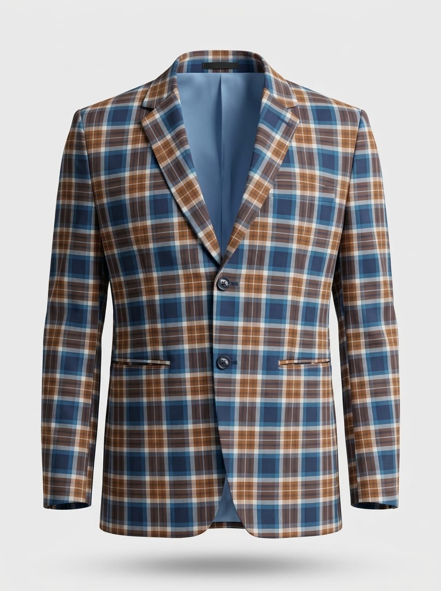 Men's Cotton Yarn-Dyed Blue & Brown Plaid Blazer