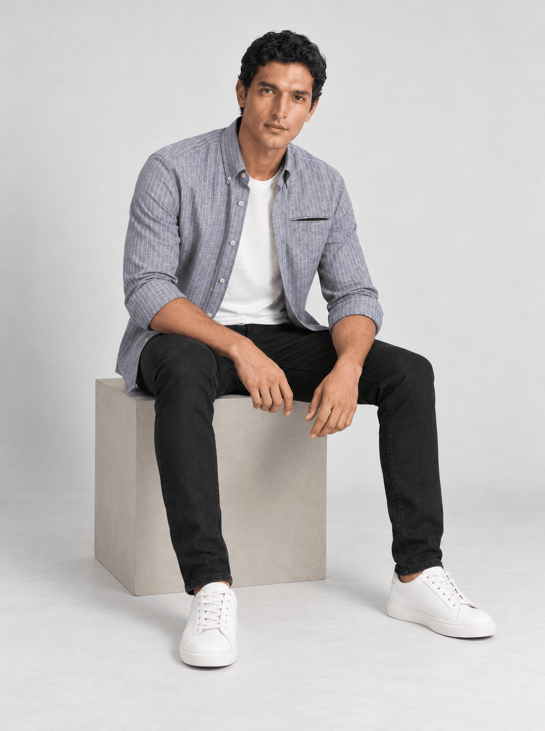 Men's Cotton Linen Blend Stripe Button Down Shirt.