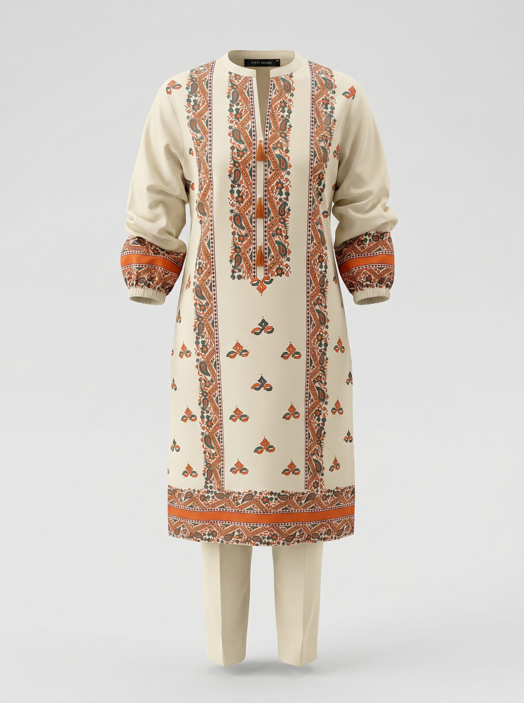 Beige Block Print Kurta Set