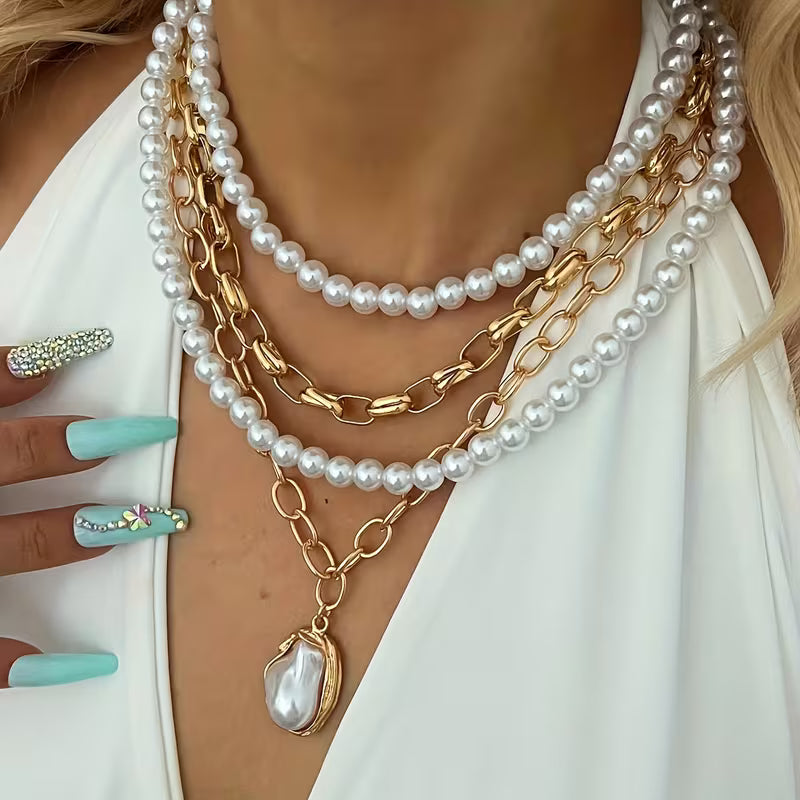 4-Piece Vintage Faux Pearl Layered Necklace Set