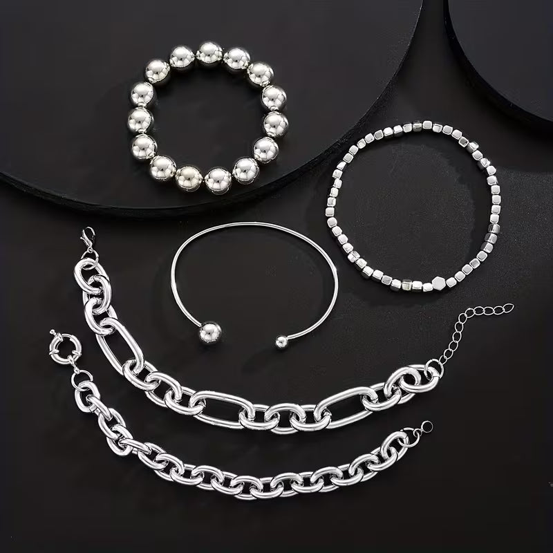 5PCS Chunky CCB Bead Open Bangle Bracelet Set