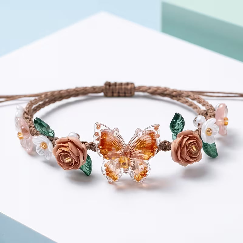 Caramel Butterfly Beaded Floral Bracelet