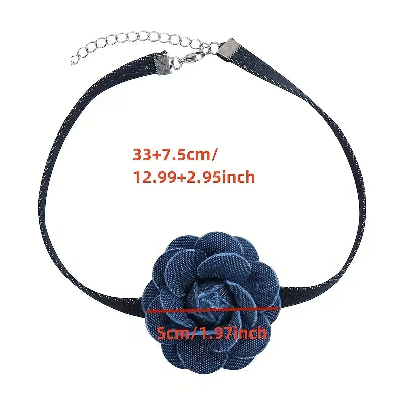 Retro Denim Flower Choker Necklace