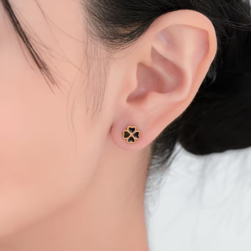 Stainless Steel Black Heart Four-Leaf Clover Stud Earrings