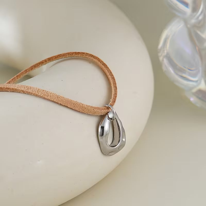 Brown Velvet Cord Necklace with Irregular Silver Pendant