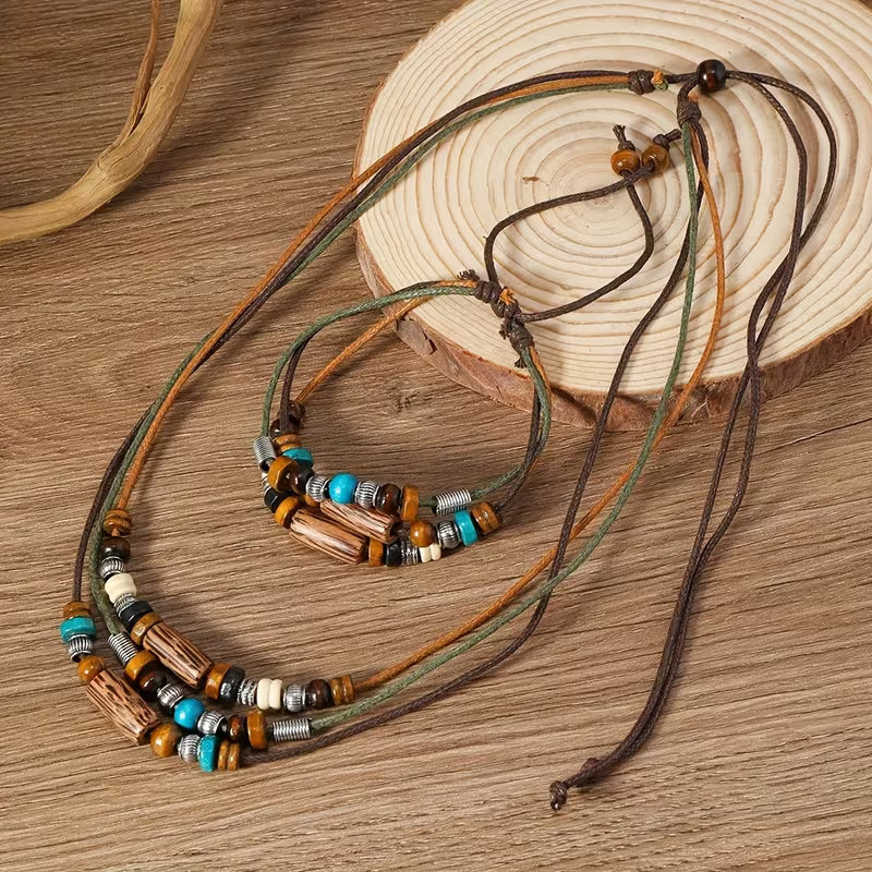 Vintage Boho Wooden Bead Jewelry Set