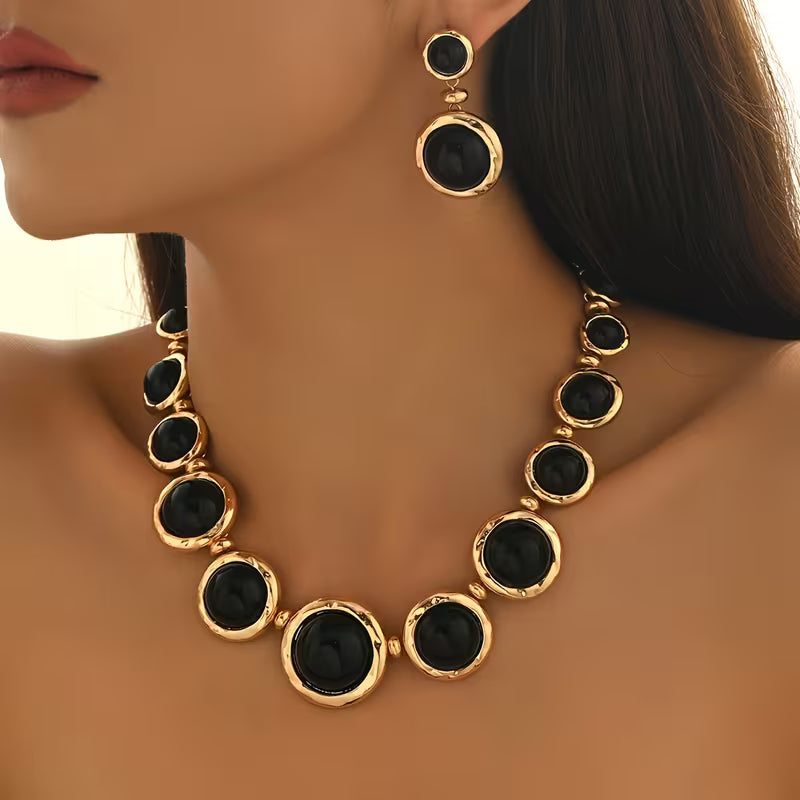 Geometric Black Stone Necklace & Earrings Set