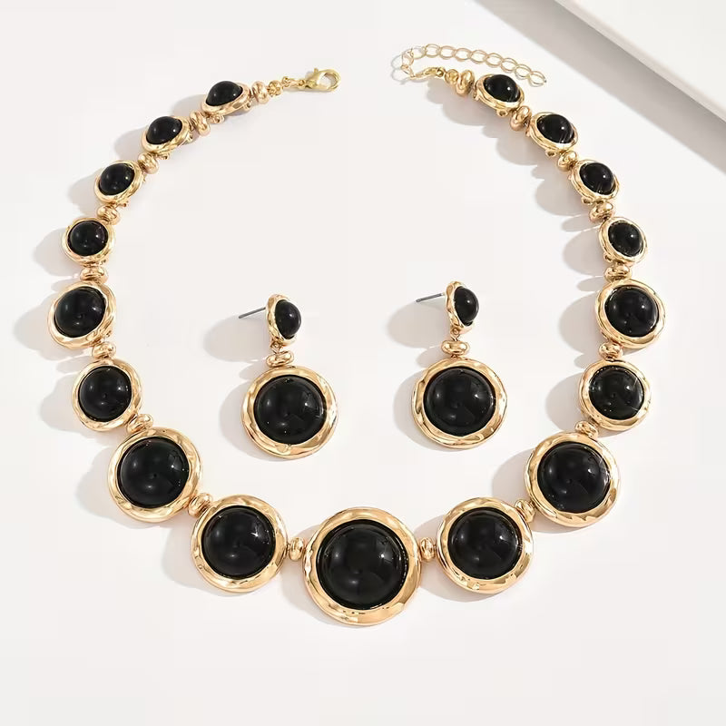 Geometric Black Stone Necklace & Earrings Set