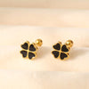 Stainless Steel Black Heart Four-Leaf Clover Stud Earrings