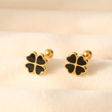 Stainless Steel Black Heart Four-Leaf Clover Stud Earrings