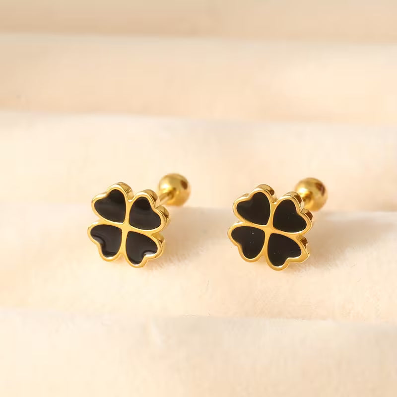 Stainless Steel Black Heart Four-Leaf Clover Stud Earrings