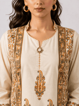 Beige Block-Print Kurti Set