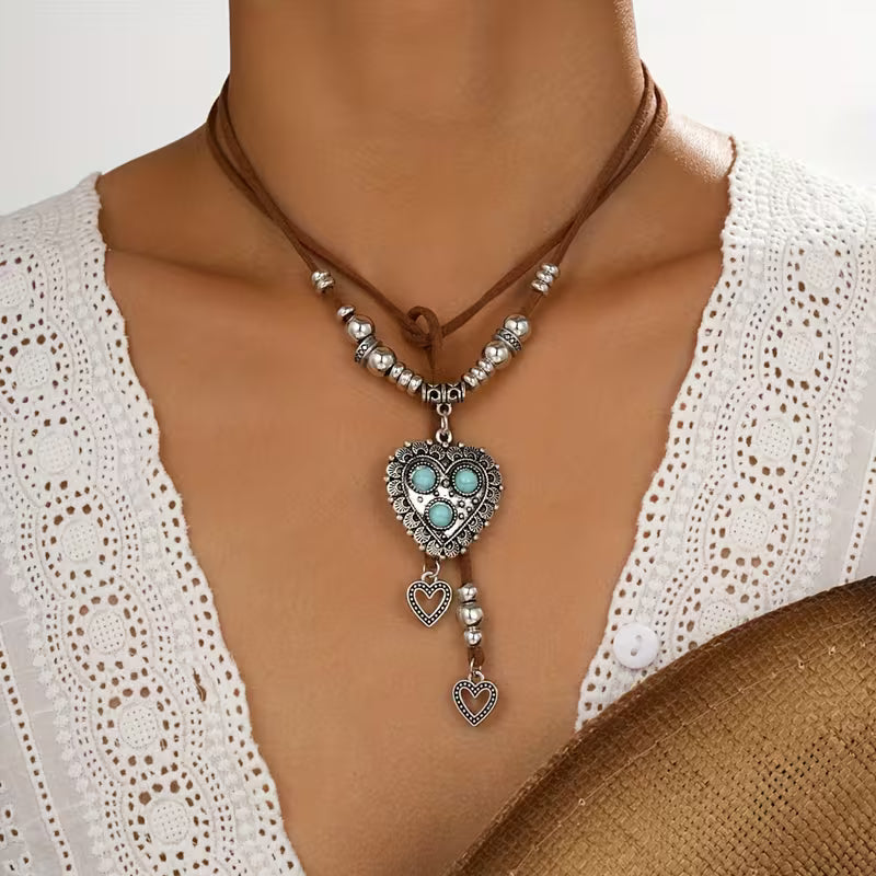 Boho Turquoise Pendant Leather Necklace