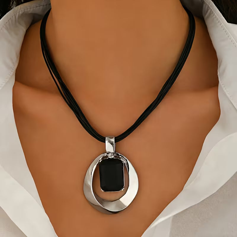 Black Cord Necklace with Irregular Gem Pendant