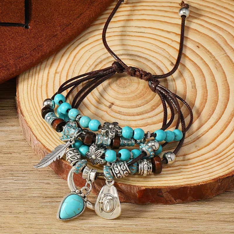 Ethnic Turquoise Multi-Layer Cow Skull Bracelet