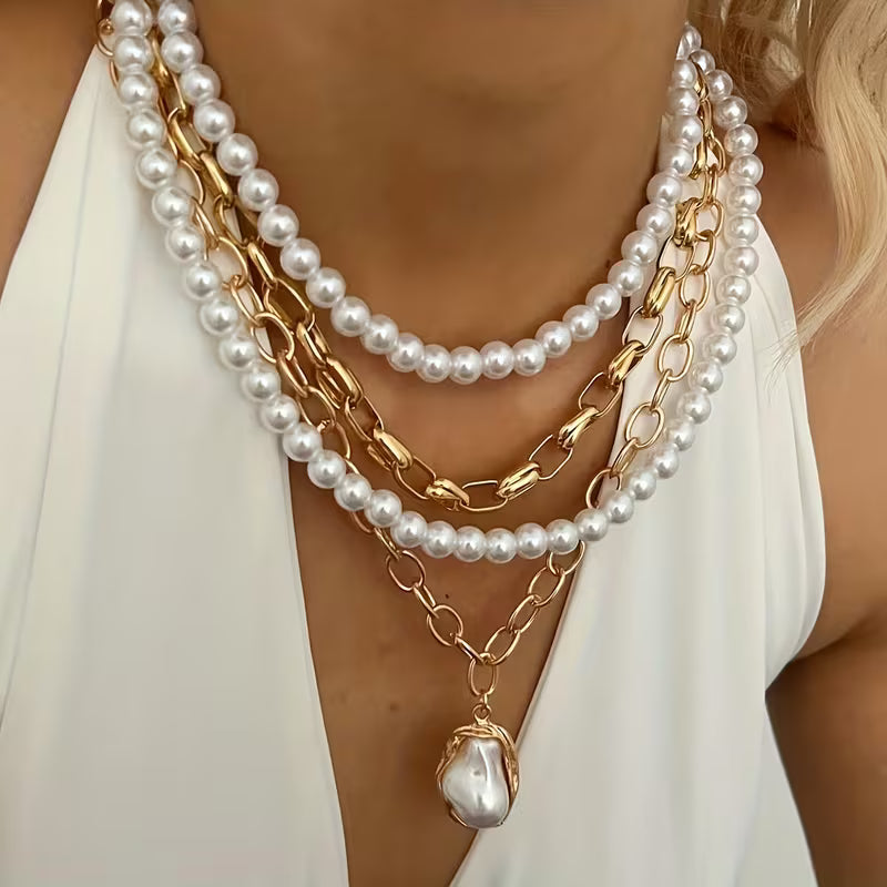 4-Piece Vintage Faux Pearl Layered Necklace Set