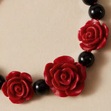 Red Rose & Black Beaded Adjustable Bracelet