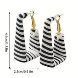 Handmade Retro Classic Black and White Striped Square Ring Earrings