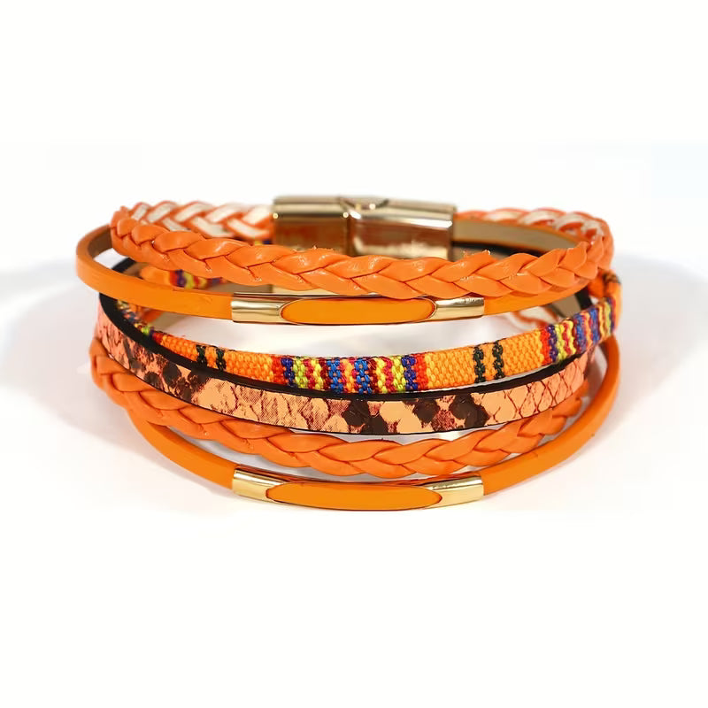 Orange & Black Braided Wrap Leather Bracelet