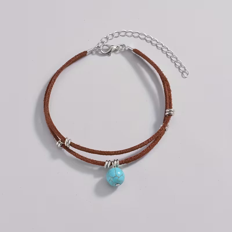 Round Ring Beaded Leather Rope Double-Layer Anklet