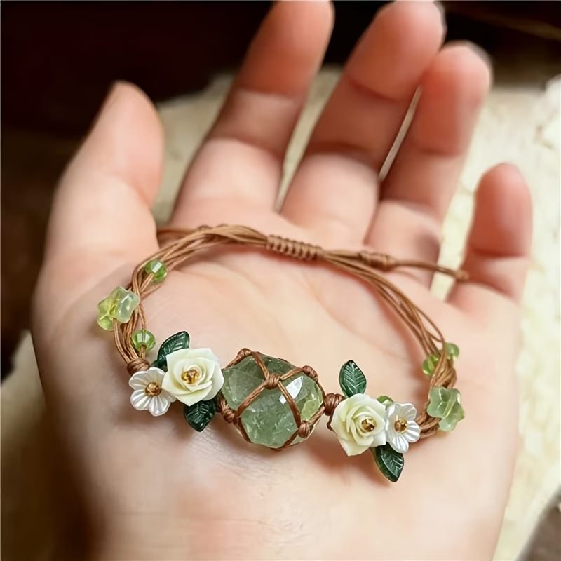 Handwoven Green Crystal Rose Bracelet