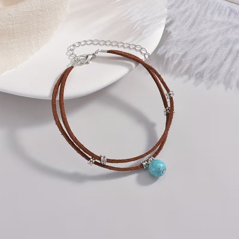 Turquoise Pendant Double Layer Adjustable Anklet