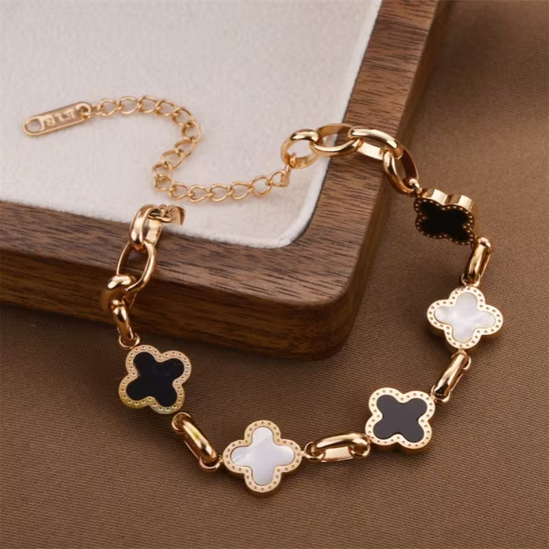 Korean-style Elegant Black and White Titanium Steel Bracelet for Women