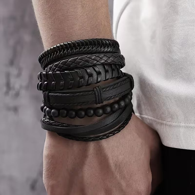6PCS Vintage Faux Leather Layered Bracelet Set