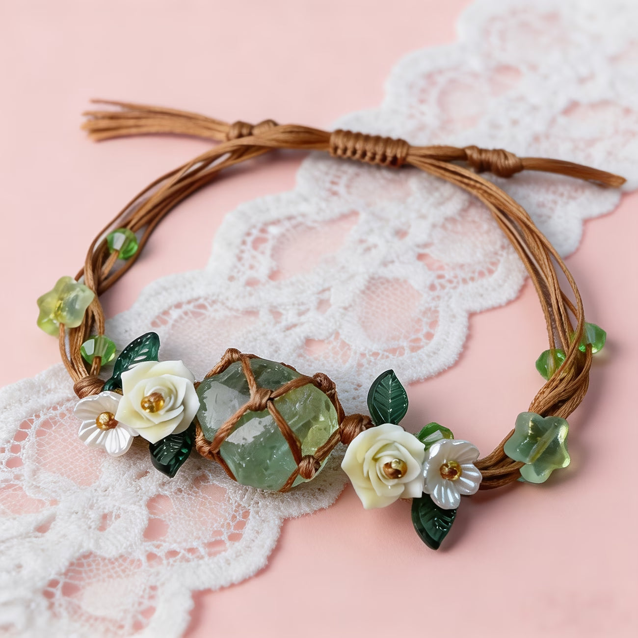 Handwoven Green Crystal Rose Bracelet
