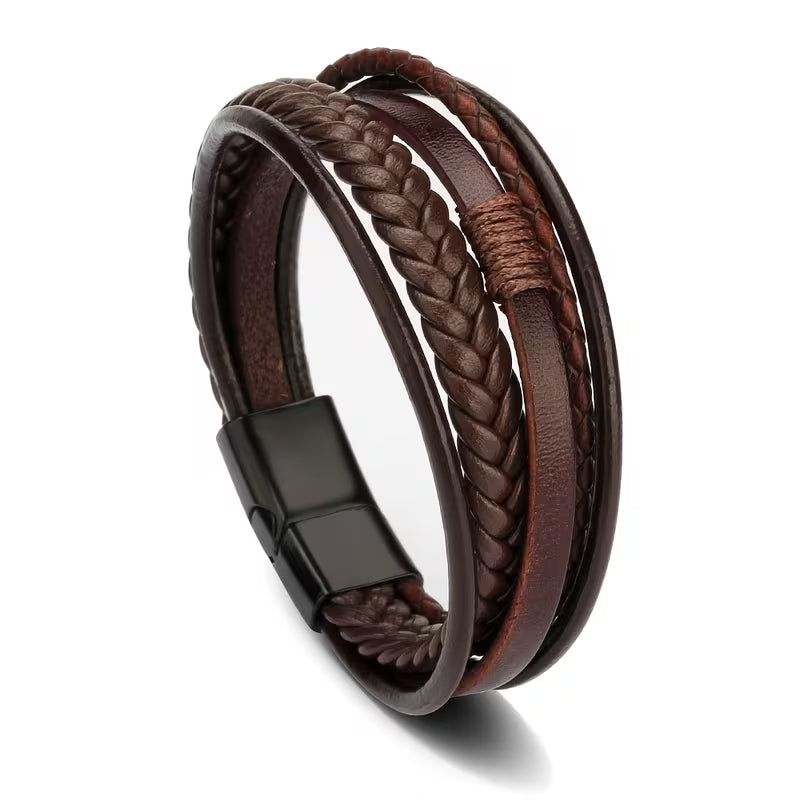 Brown Genuine Leather Multi-Layer Magnetic Bracelet