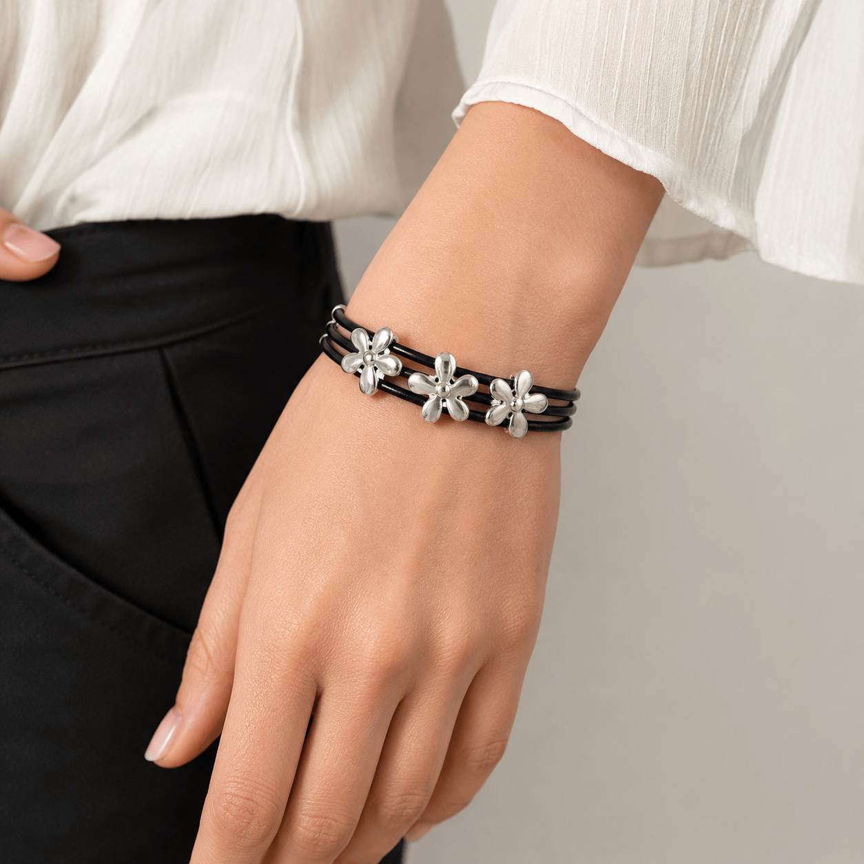 Boho Faux Leather Flower Charm Bracelet