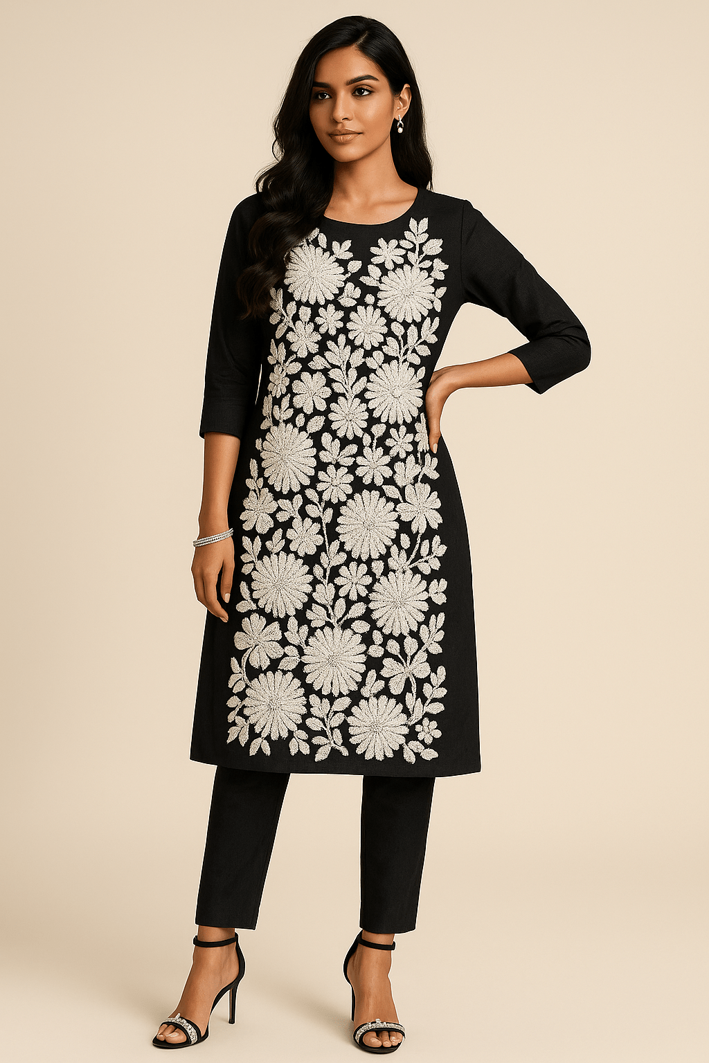 Denim Embroidered Dress with Pant