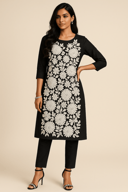 Denim Embroidered Dress with Pant