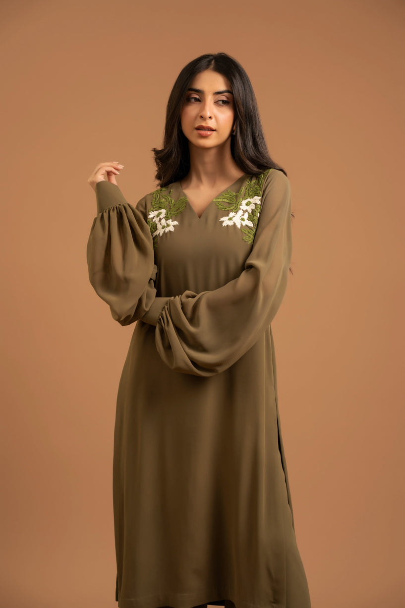 Embroidered Olive Chiffon Set