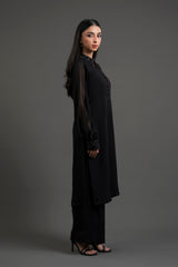 Black Chiffon Shirt with Beaded Collar & Cuff