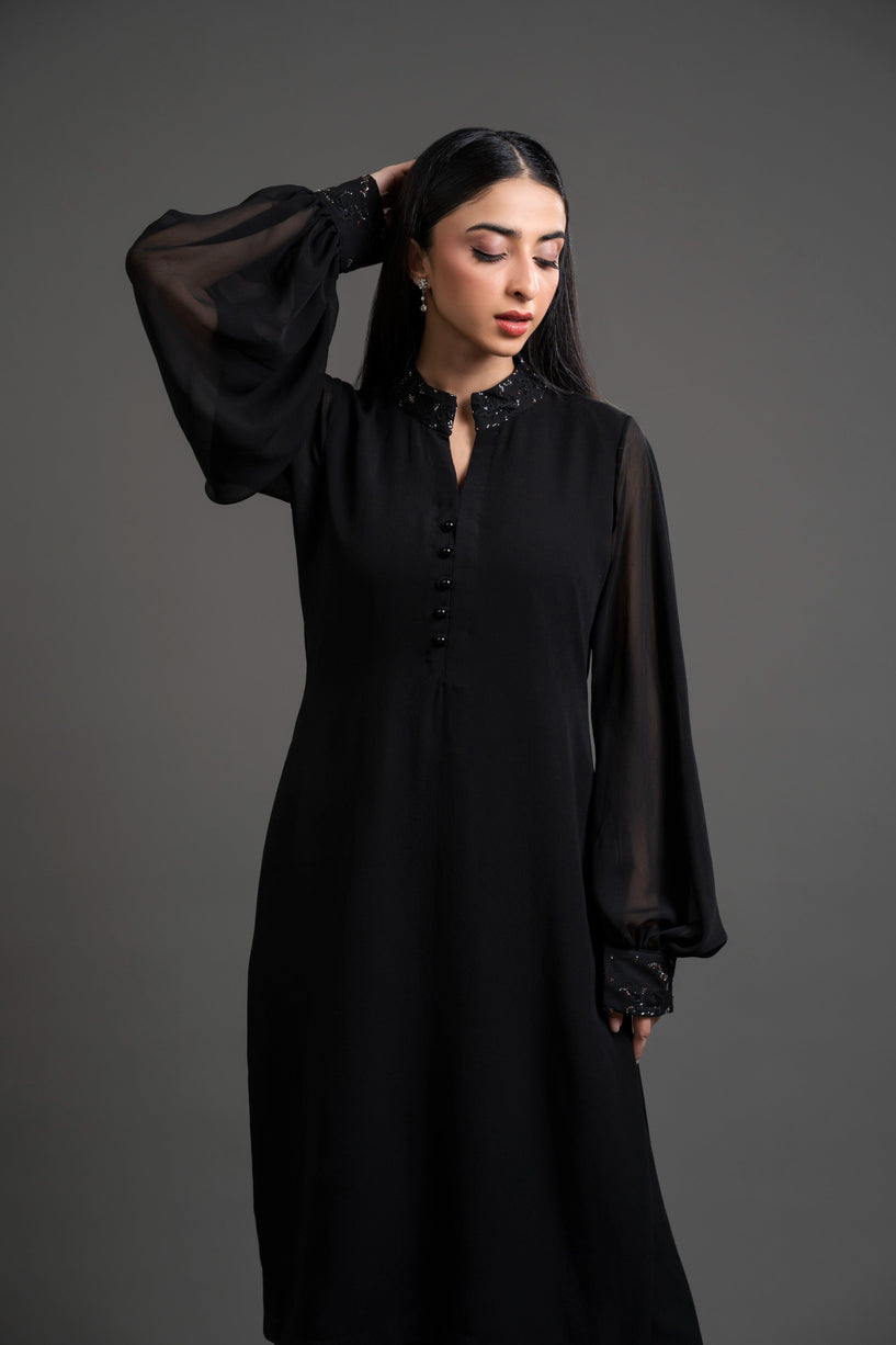 Black Chiffon Shirt with Beaded Collar & Cuff