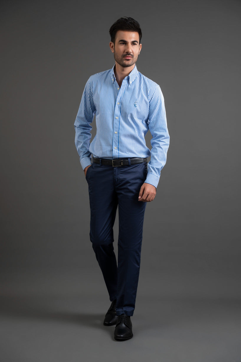 Blue Striped Cotton Button Down Shirt