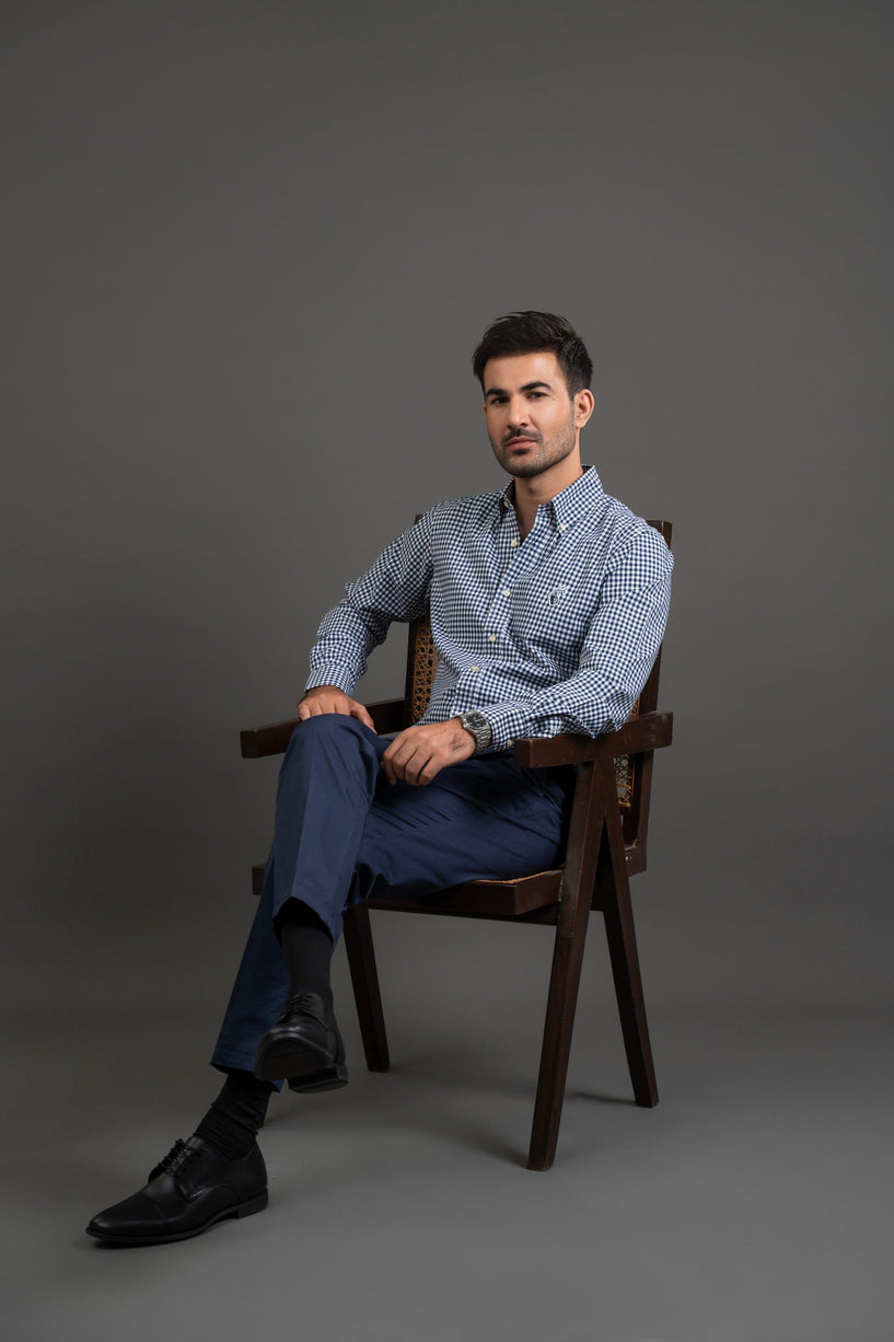 Navy Checkered Cotton Button Down Shirt