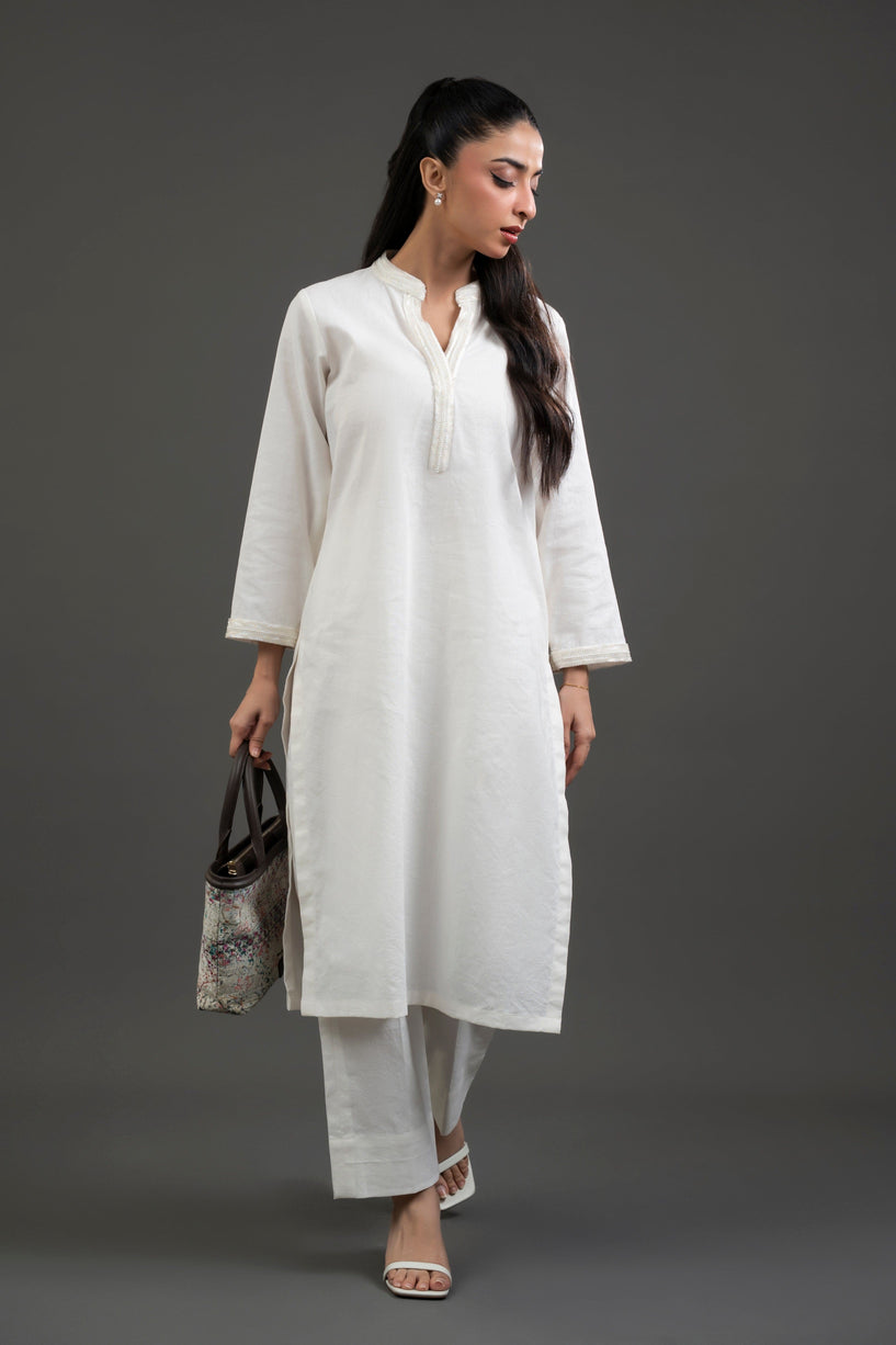 Off-White Bead-Work Dress with Pants