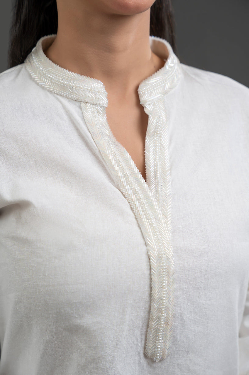 Off-White Bead-Work Dress with Pants