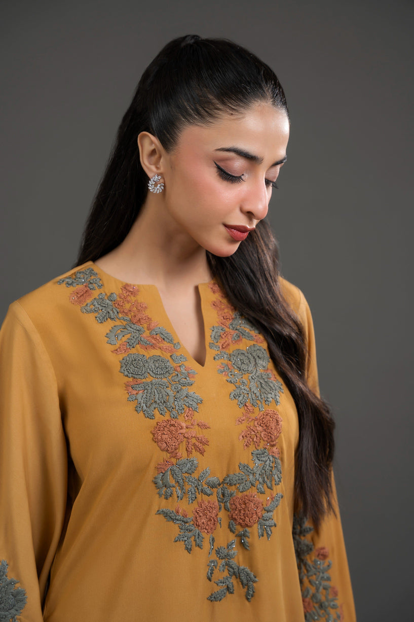 Mustard Floral Embroidered Set