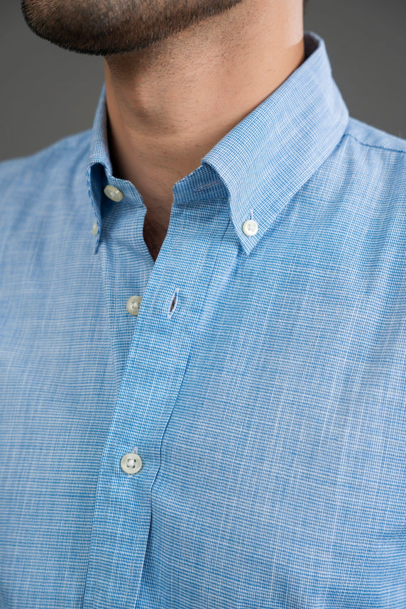 Blue Checkered Cotton Button Down Shirt