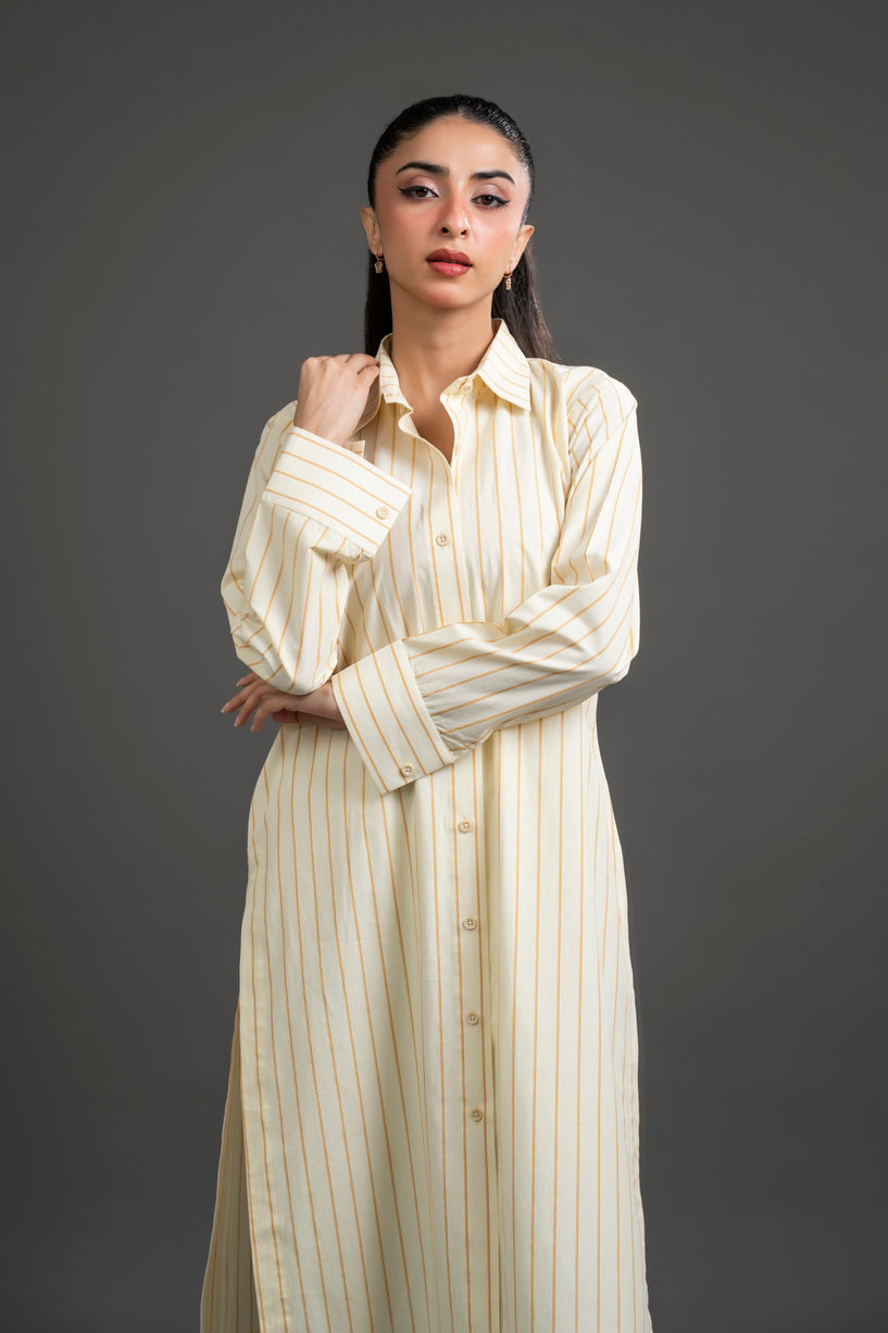 Striped Shirt Dress with Wide-Leg Pants