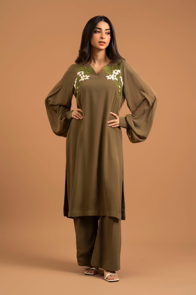Embroidered Olive Chiffon Set